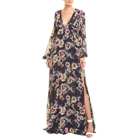 NICHOLAS Garden Rose Long Sleeve Floral Silk Maxi Dress Navy Blue Size 2 NWT - Picture 1 of 12